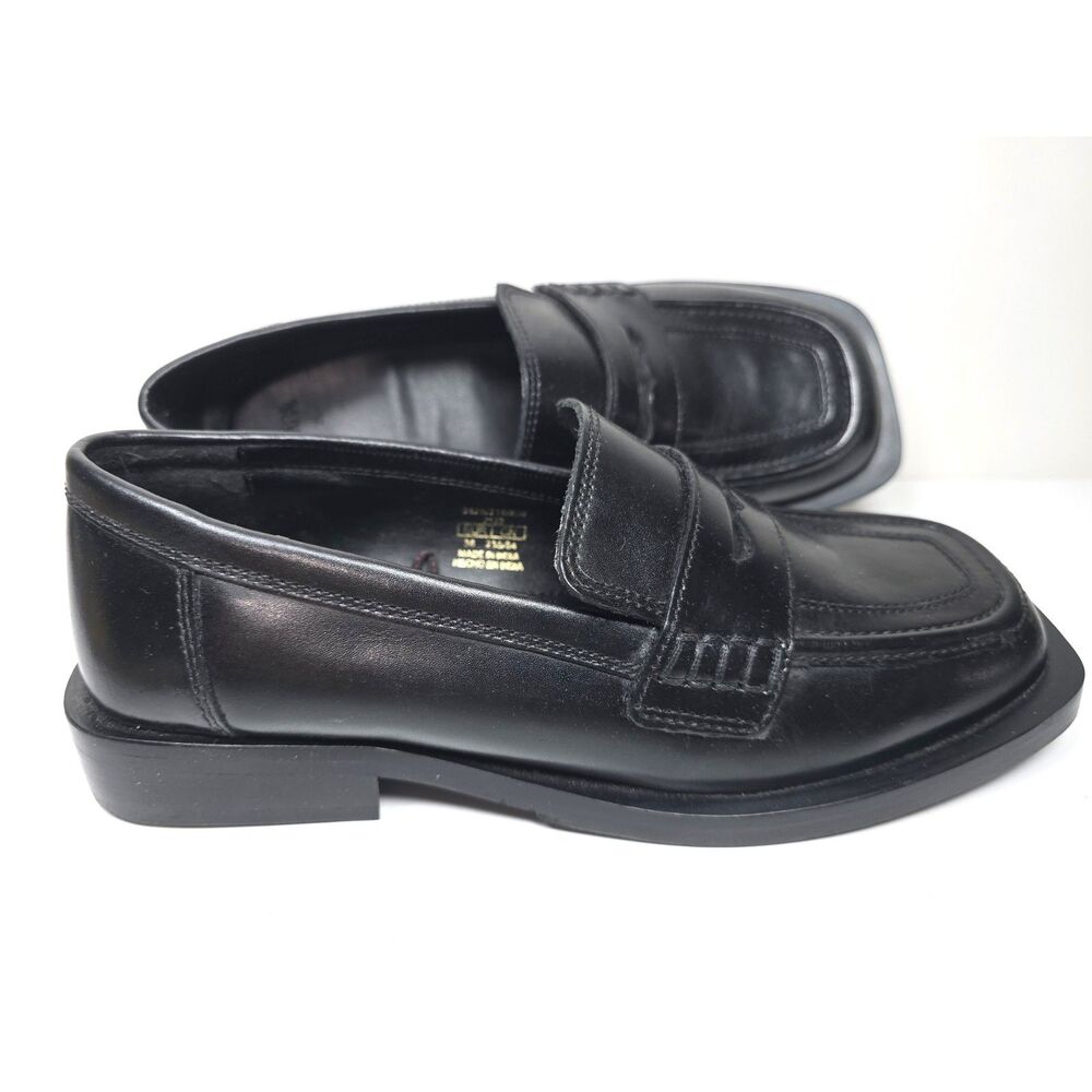 ZARA Leather Platform Block Heel Penny Loafers Black Square Toe Size 36 or 5.5M